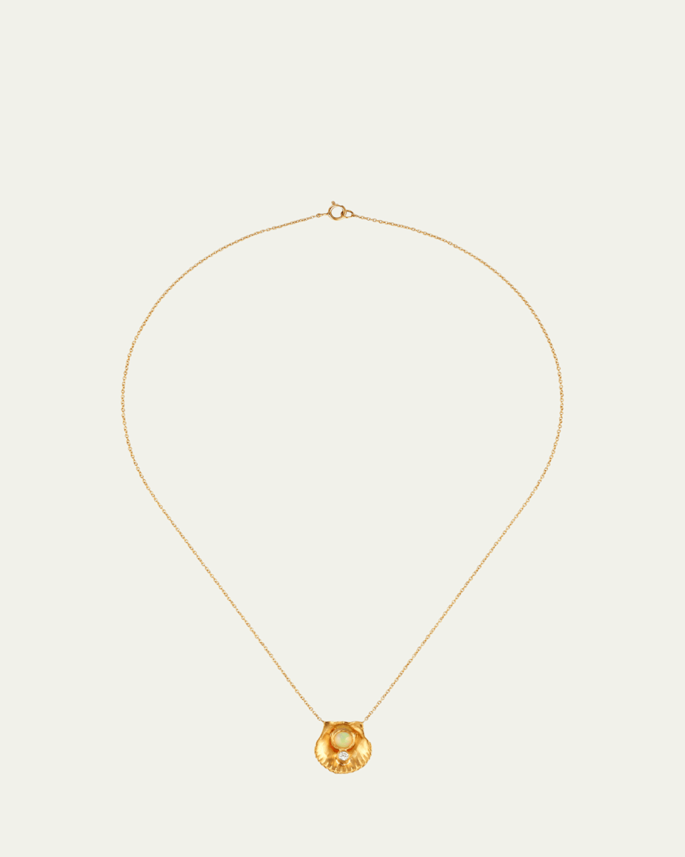 Small Scallop Shell Necklace with Ethiopian Opal and Diamond in 18K Yellow Gold